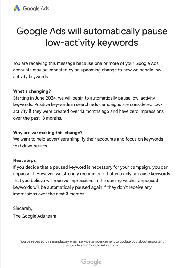 Email of Google Ads to Pause Low-Activity Keywords