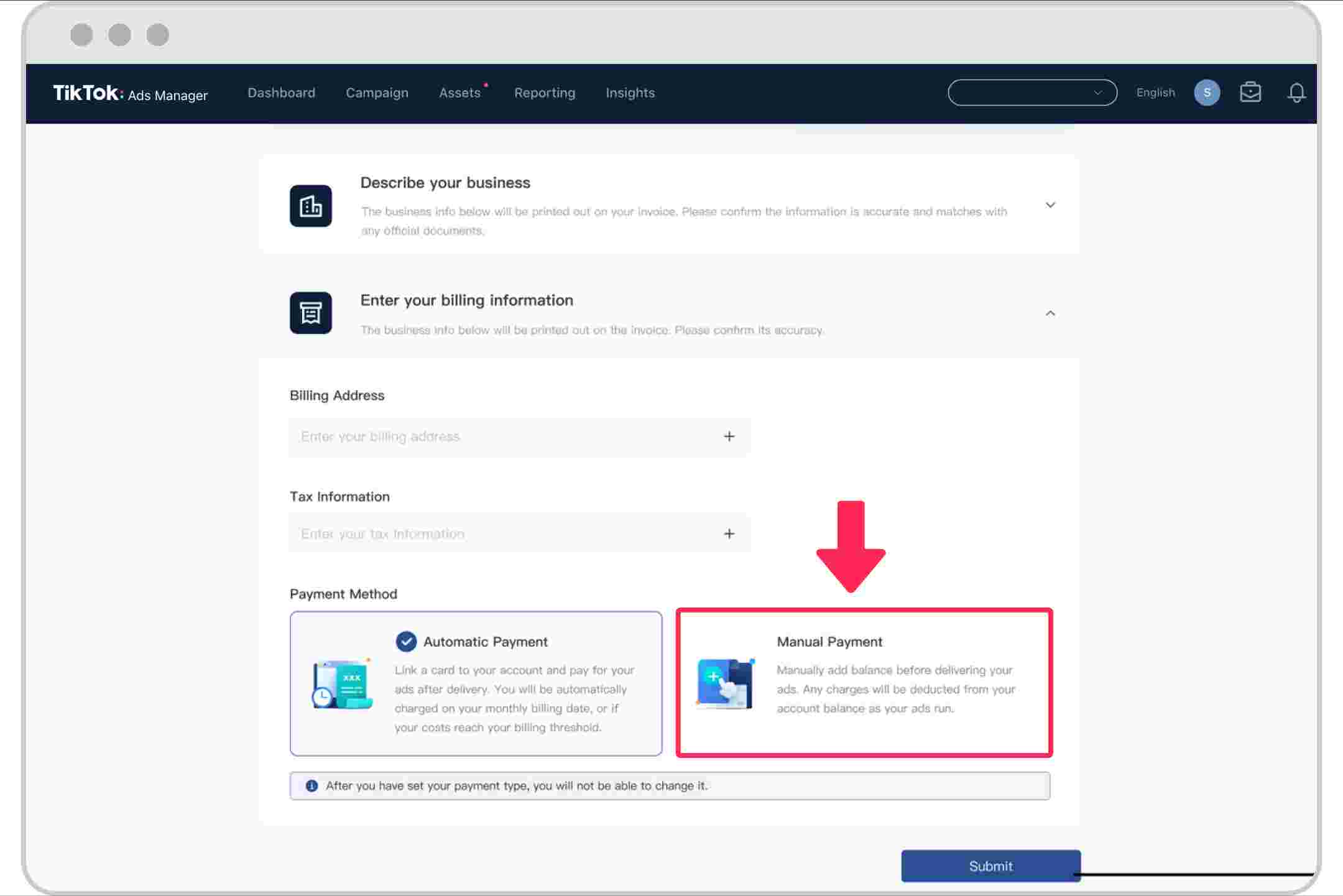 TikTok Ads Account Payment Method Setup