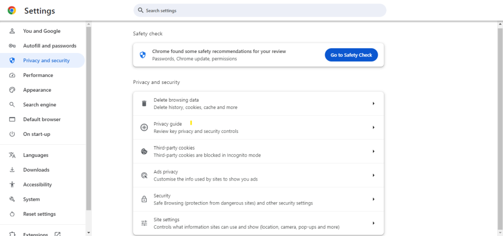Privacy and security settings